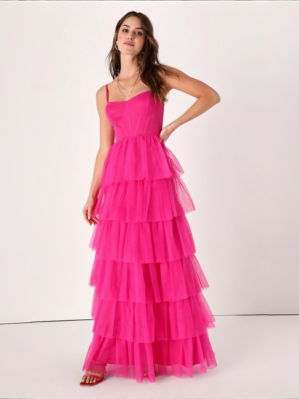Lulus Rule the Runway Hot Pink Tulle Bustier Tiered Maxi Dress Sz L NEW